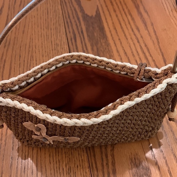 Macrame handbag  everyday use butterfly accents brown and pinks lined with strap - Picture 8 of 10